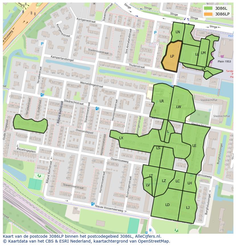 Afbeelding van het postcodegebied 3086 LP op de kaart.