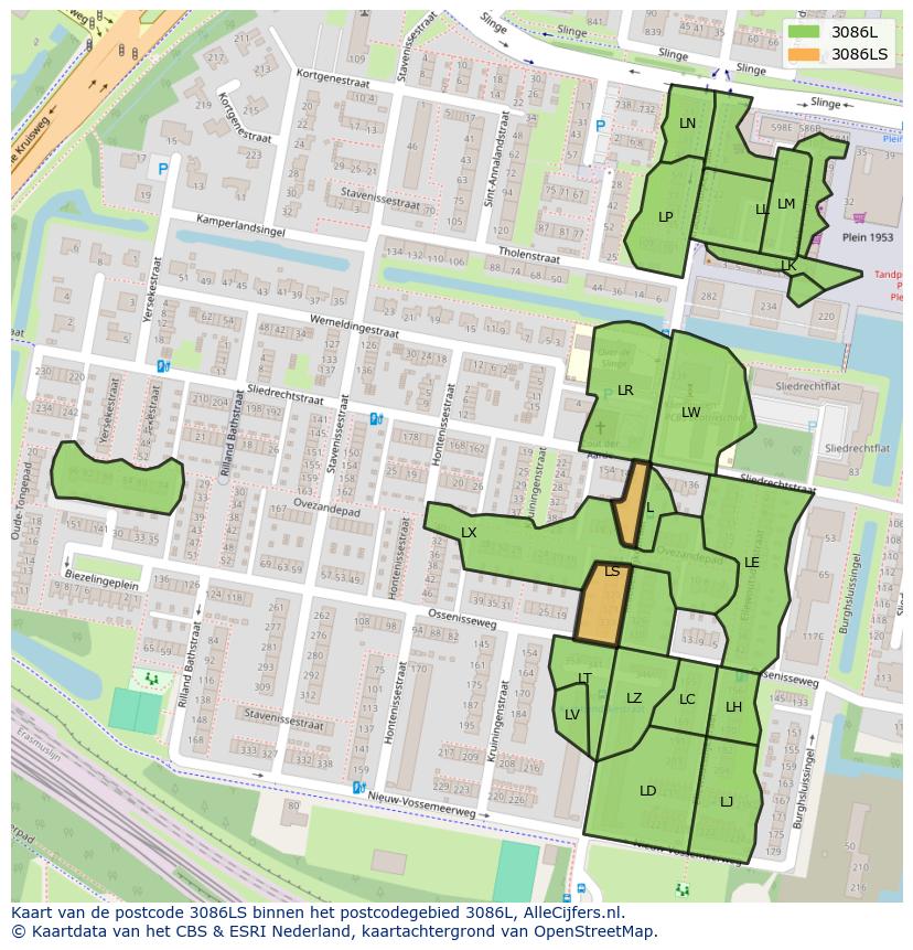 Afbeelding van het postcodegebied 3086 LS op de kaart.