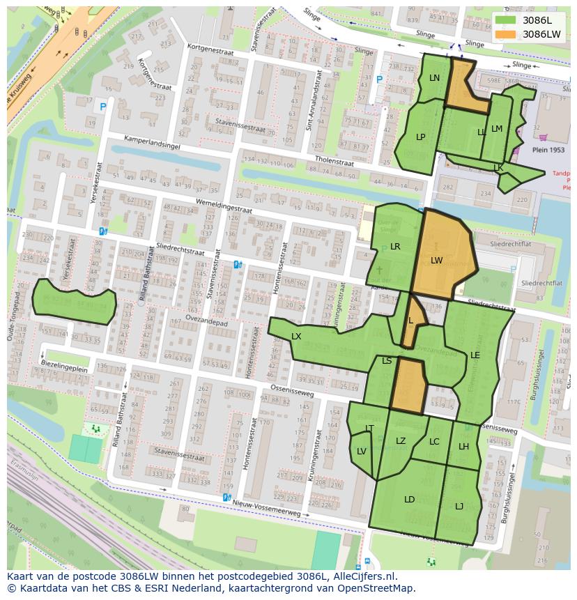 Afbeelding van het postcodegebied 3086 LW op de kaart.