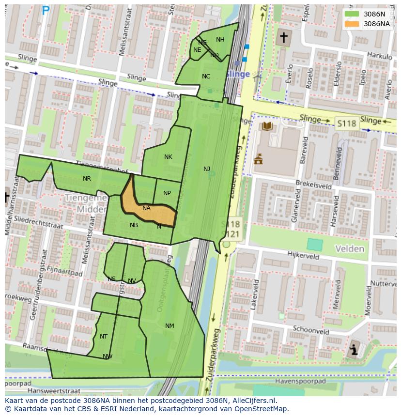 Afbeelding van het postcodegebied 3086 NA op de kaart.