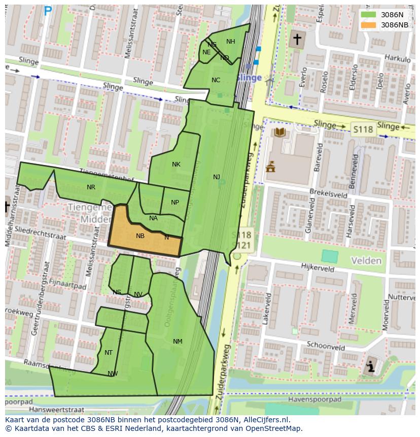Afbeelding van het postcodegebied 3086 NB op de kaart.