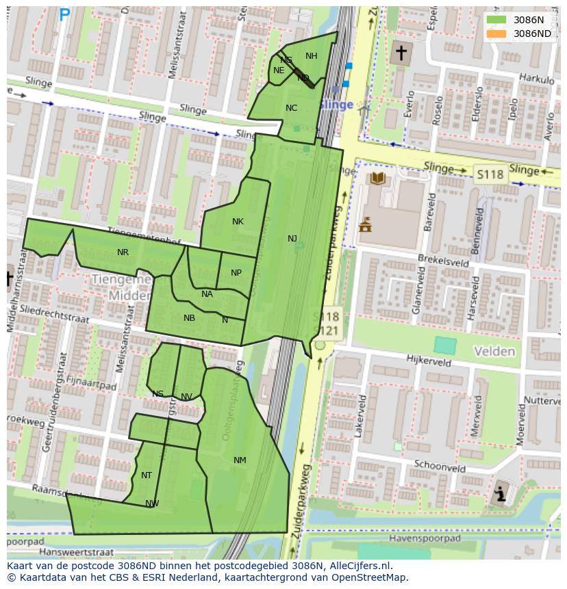 Afbeelding van het postcodegebied 3086 ND op de kaart.