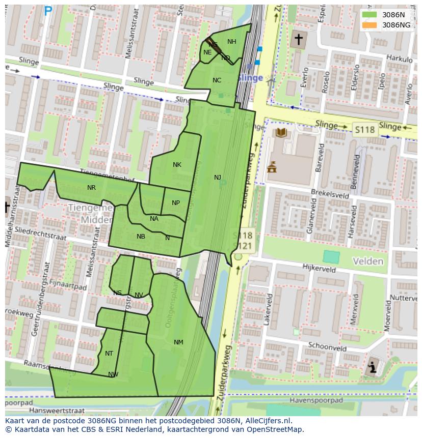 Afbeelding van het postcodegebied 3086 NG op de kaart.