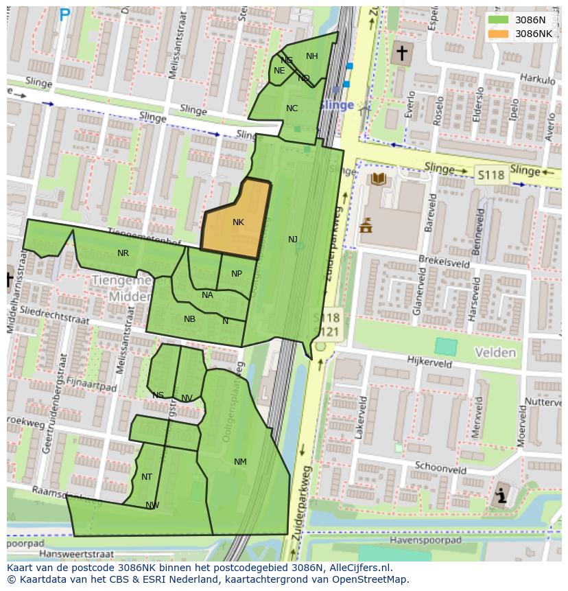 Afbeelding van het postcodegebied 3086 NK op de kaart.