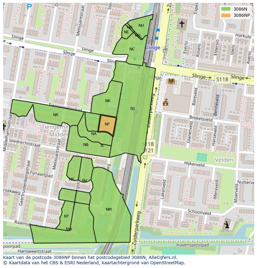 Afbeelding van het postcodegebied 3086 NP op de kaart.