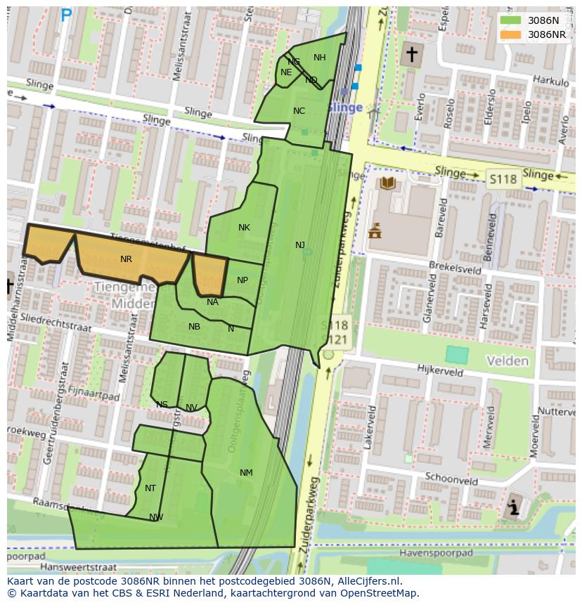 Afbeelding van het postcodegebied 3086 NR op de kaart.