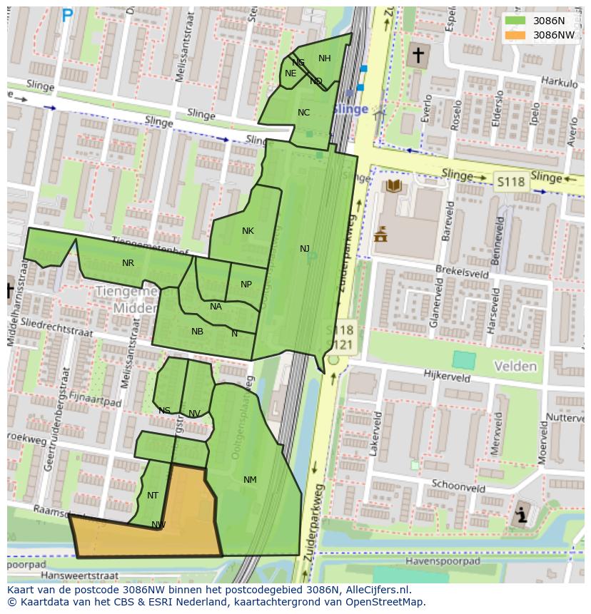 Afbeelding van het postcodegebied 3086 NW op de kaart.