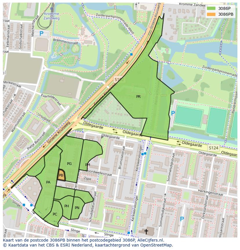 Afbeelding van het postcodegebied 3086 PB op de kaart.