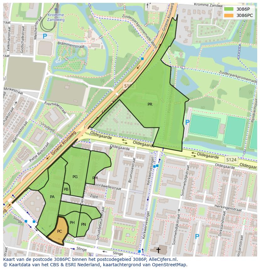 Afbeelding van het postcodegebied 3086 PC op de kaart.