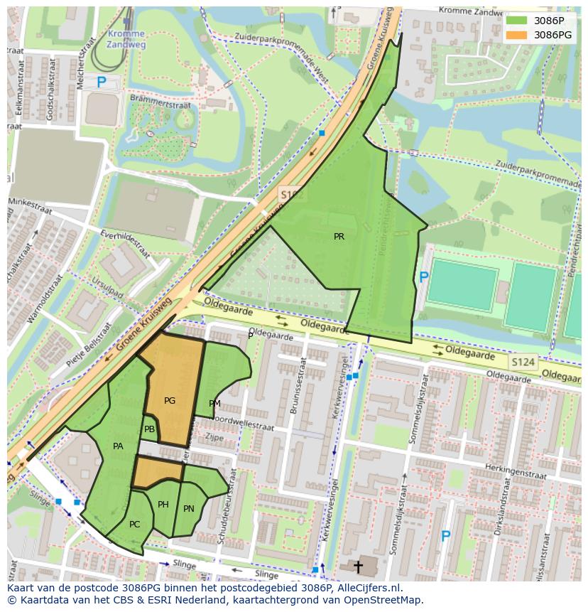 Afbeelding van het postcodegebied 3086 PG op de kaart.