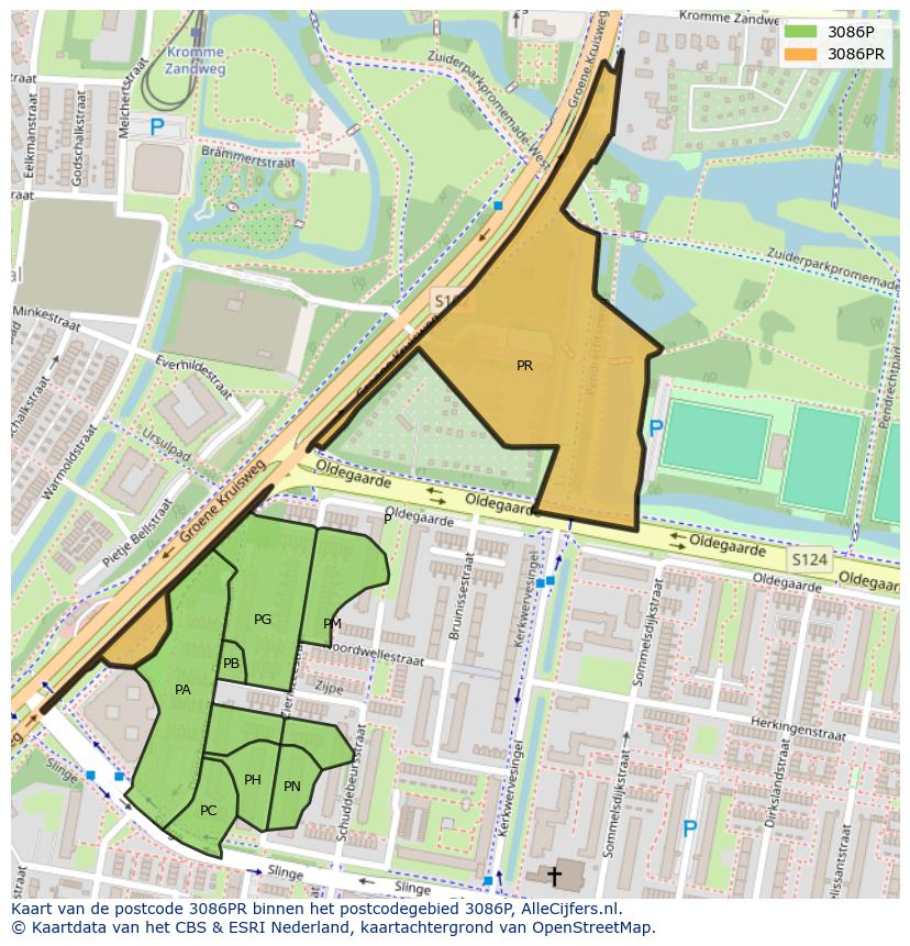 Afbeelding van het postcodegebied 3086 PR op de kaart.