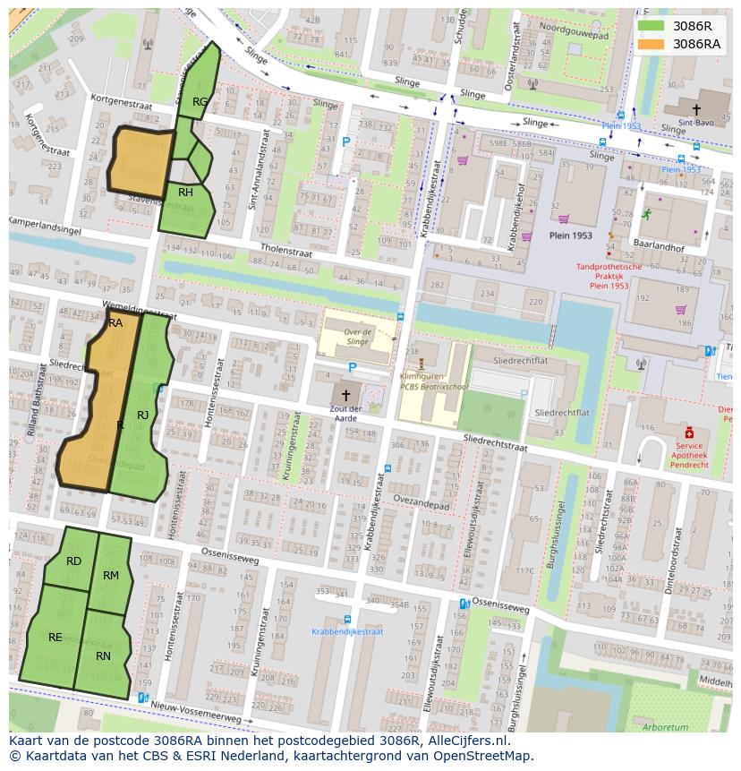 Afbeelding van het postcodegebied 3086 RA op de kaart.