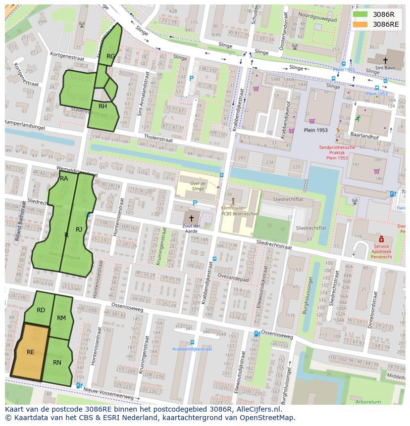 Afbeelding van het postcodegebied 3086 RE op de kaart.