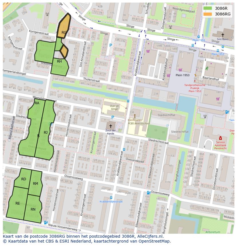 Afbeelding van het postcodegebied 3086 RG op de kaart.
