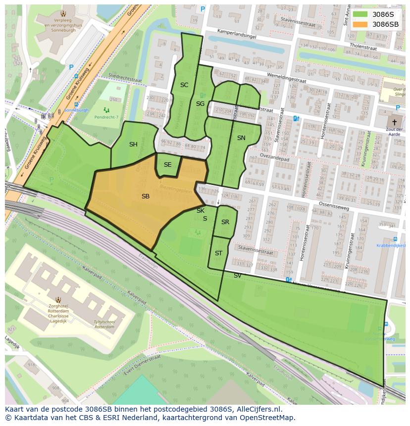 Afbeelding van het postcodegebied 3086 SB op de kaart.