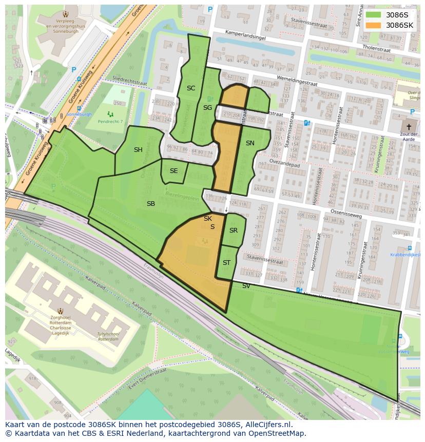 Afbeelding van het postcodegebied 3086 SK op de kaart.