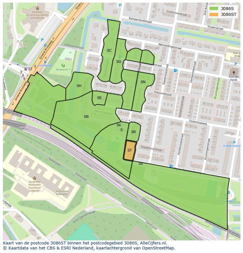 Afbeelding van het postcodegebied 3086 ST op de kaart.