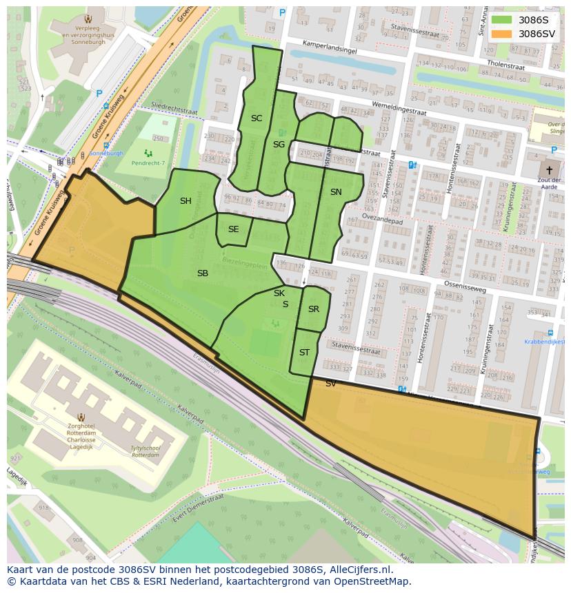 Afbeelding van het postcodegebied 3086 SV op de kaart.