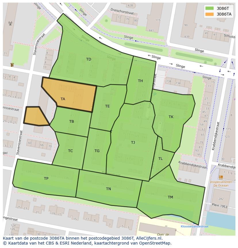 Afbeelding van het postcodegebied 3086 TA op de kaart.