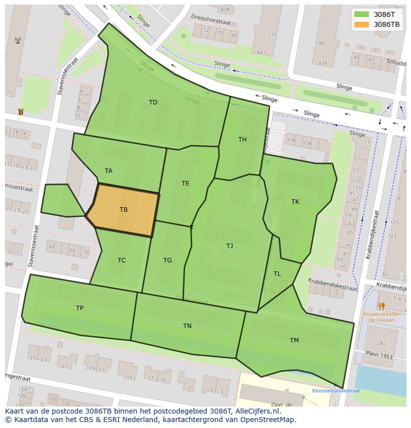 Afbeelding van het postcodegebied 3086 TB op de kaart.