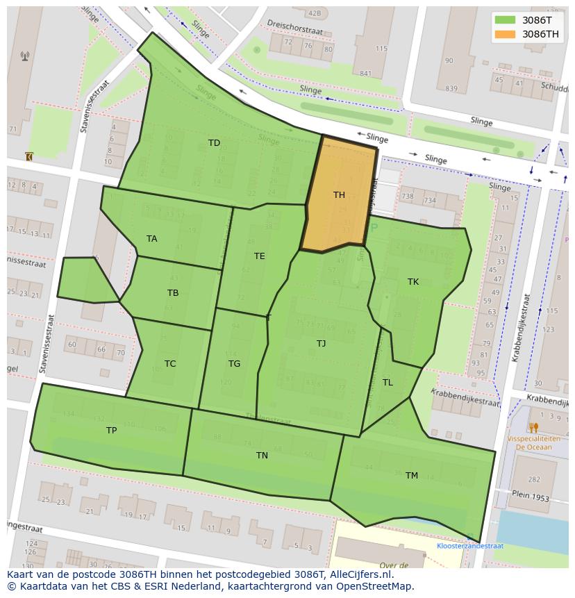 Afbeelding van het postcodegebied 3086 TH op de kaart.