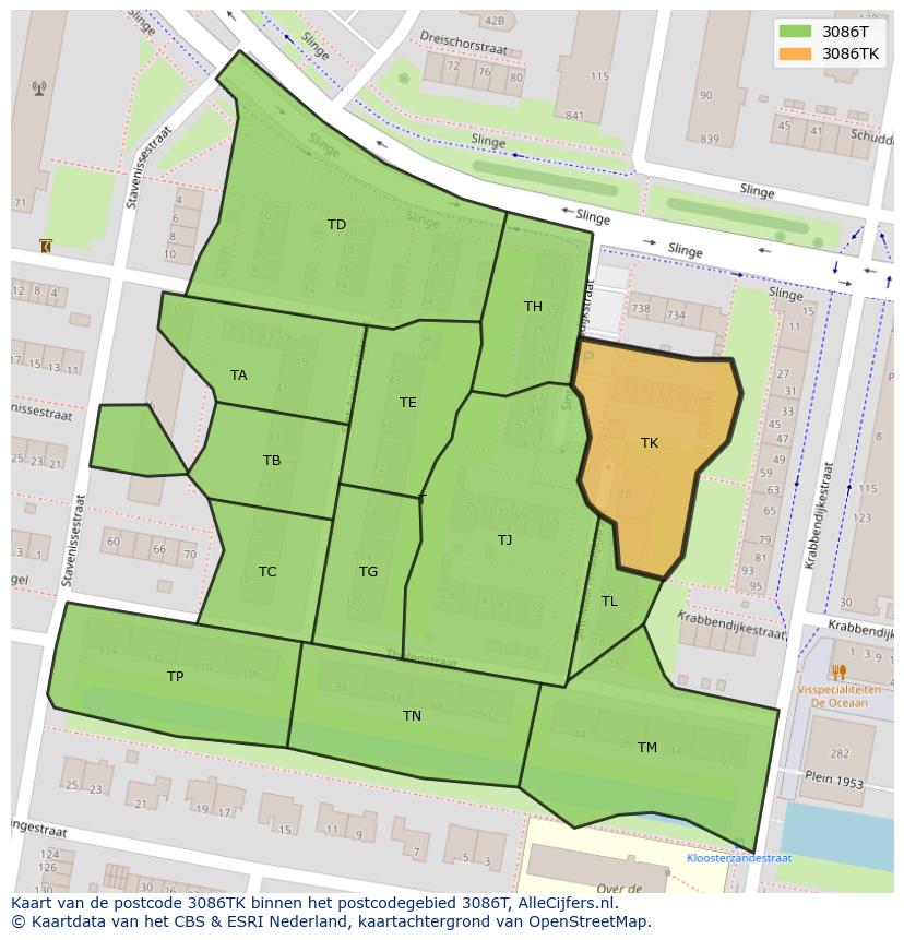 Afbeelding van het postcodegebied 3086 TK op de kaart.
