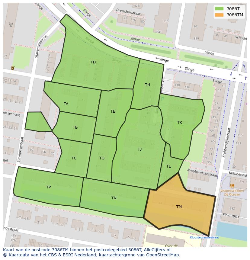 Afbeelding van het postcodegebied 3086 TM op de kaart.