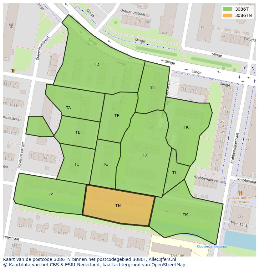 Afbeelding van het postcodegebied 3086 TN op de kaart.