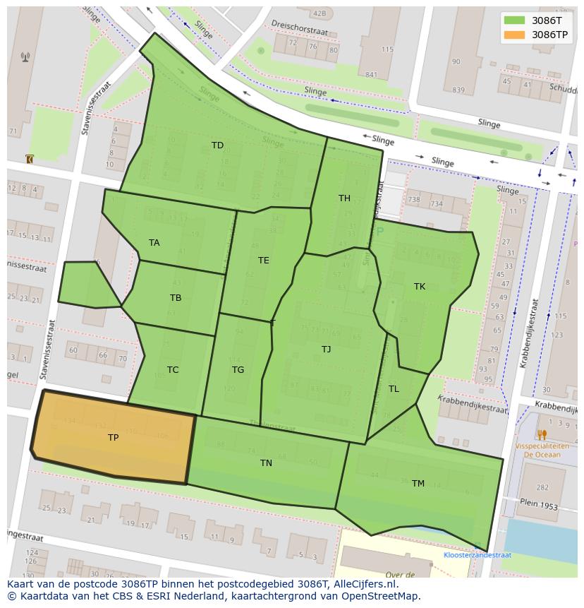 Afbeelding van het postcodegebied 3086 TP op de kaart.