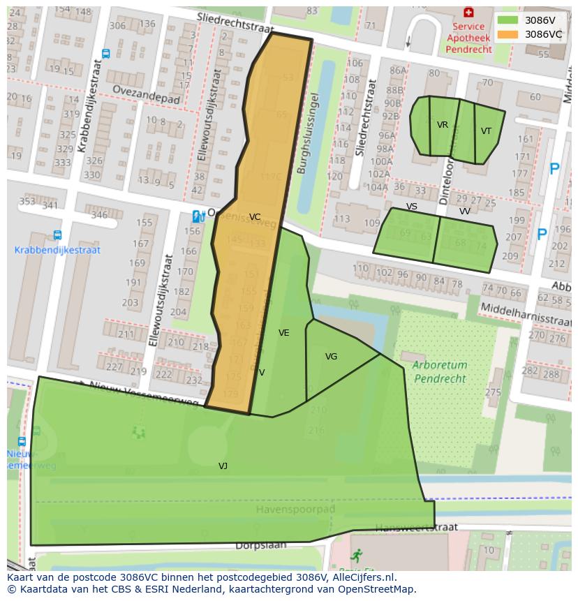 Afbeelding van het postcodegebied 3086 VC op de kaart.