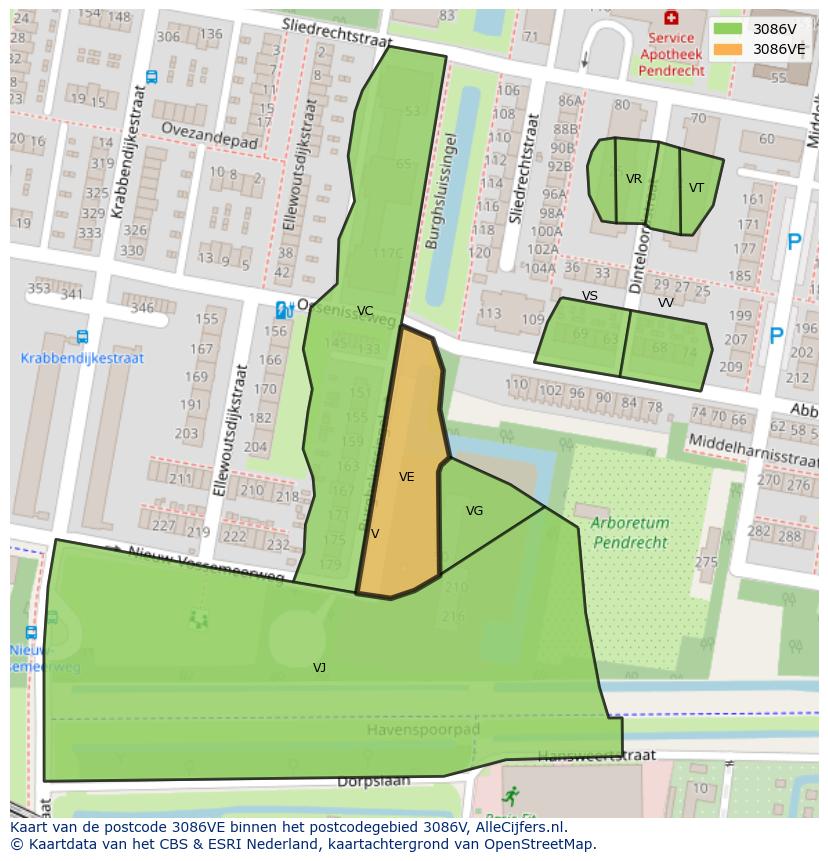 Afbeelding van het postcodegebied 3086 VE op de kaart.