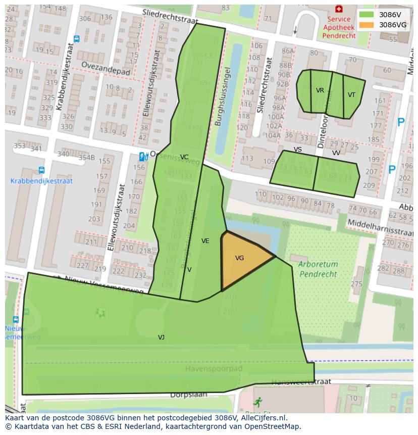 Afbeelding van het postcodegebied 3086 VG op de kaart.