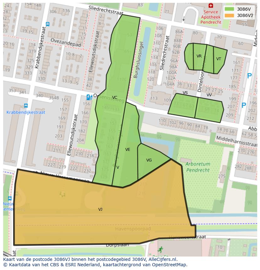Afbeelding van het postcodegebied 3086 VJ op de kaart.