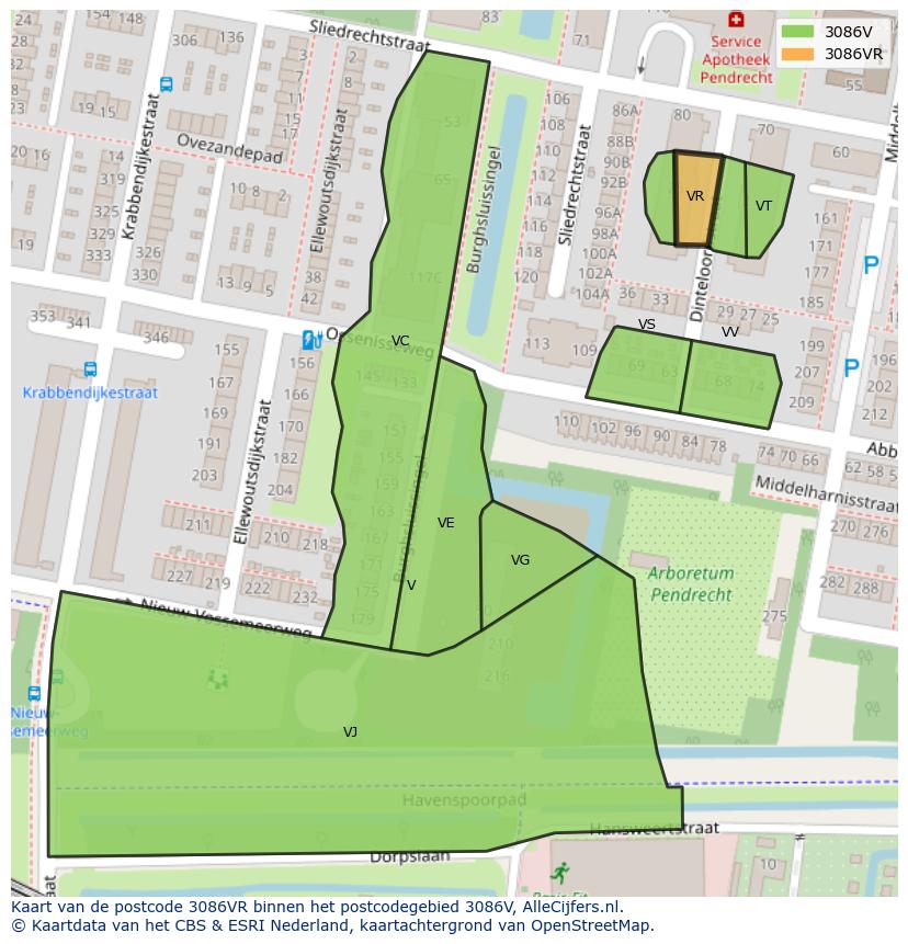 Afbeelding van het postcodegebied 3086 VR op de kaart.