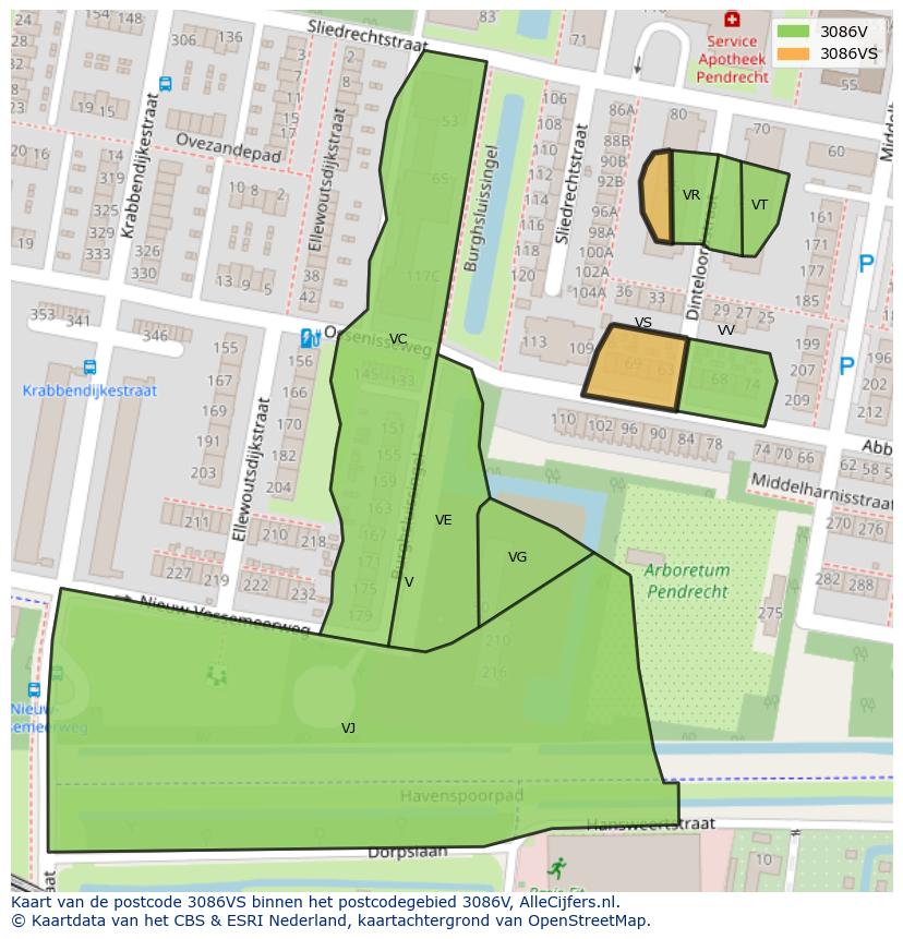 Afbeelding van het postcodegebied 3086 VS op de kaart.