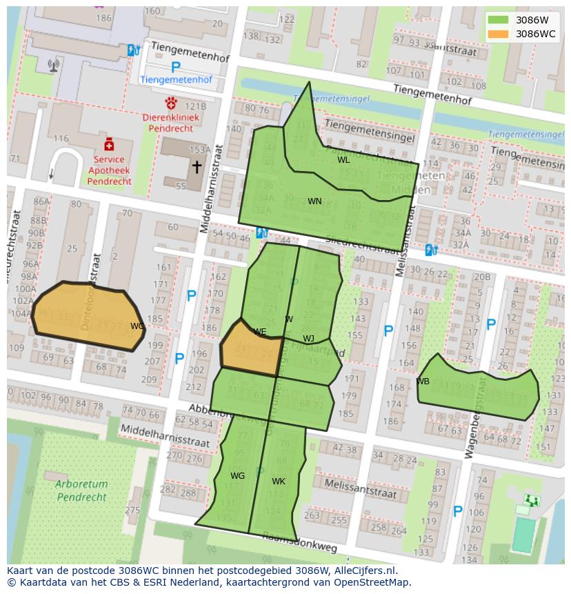 Afbeelding van het postcodegebied 3086 WC op de kaart.