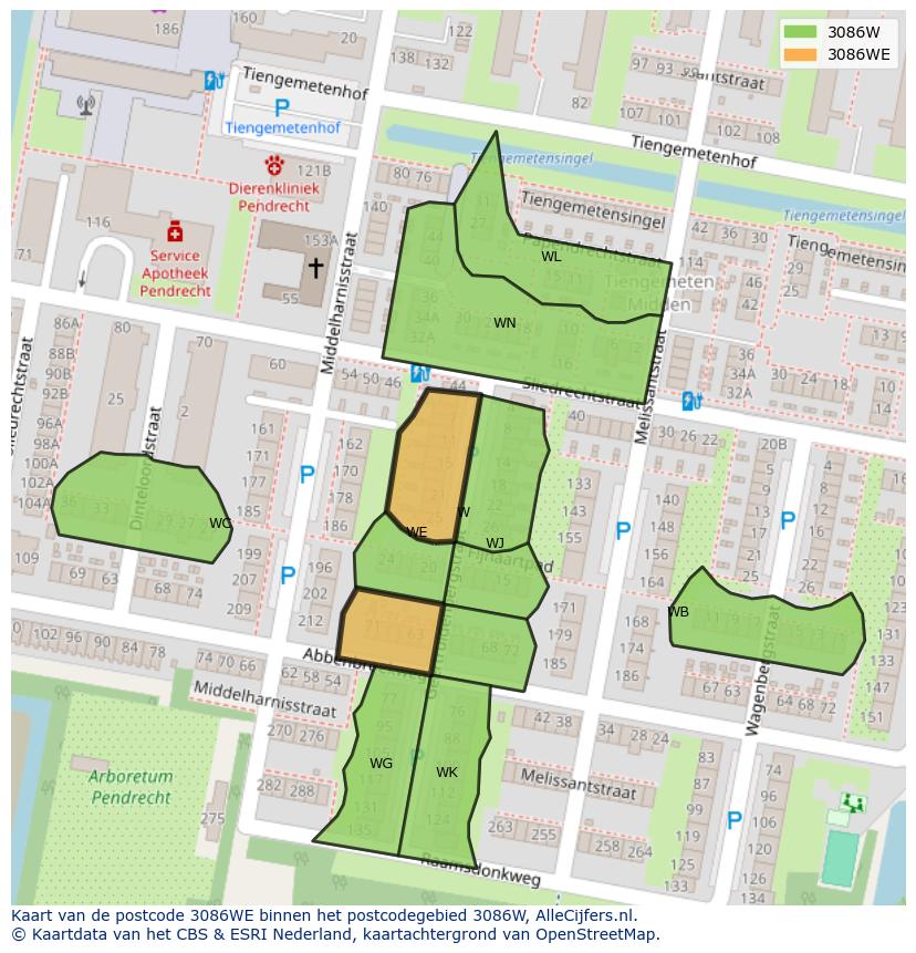 Afbeelding van het postcodegebied 3086 WE op de kaart.