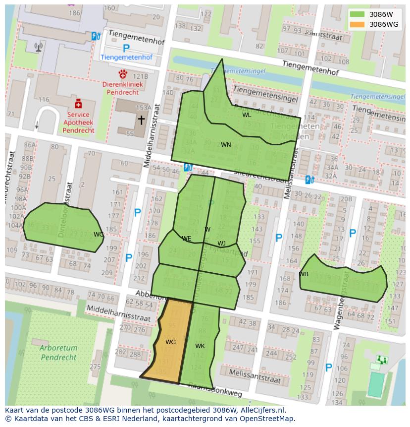 Afbeelding van het postcodegebied 3086 WG op de kaart.