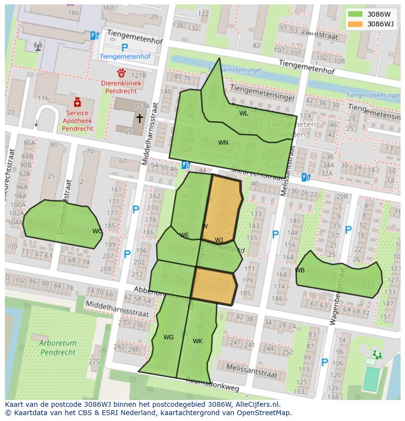 Afbeelding van het postcodegebied 3086 WJ op de kaart.