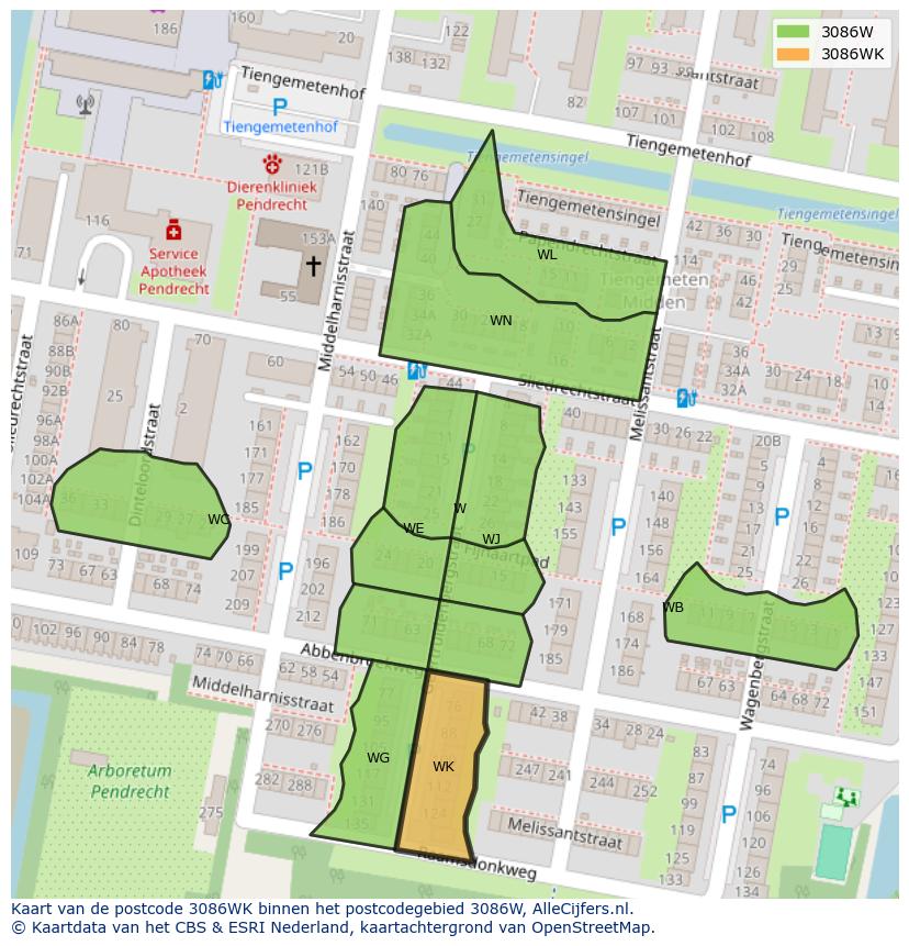 Afbeelding van het postcodegebied 3086 WK op de kaart.