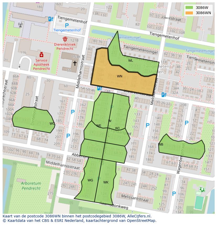 Afbeelding van het postcodegebied 3086 WN op de kaart.