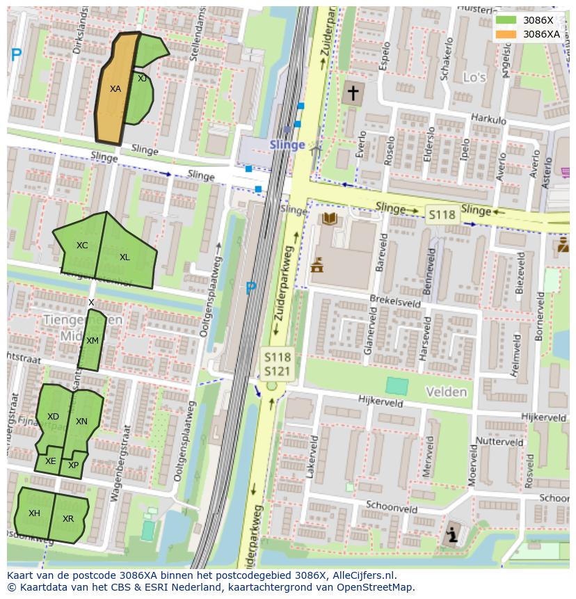 Afbeelding van het postcodegebied 3086 XA op de kaart.