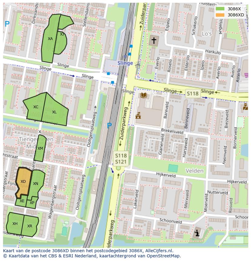 Afbeelding van het postcodegebied 3086 XD op de kaart.