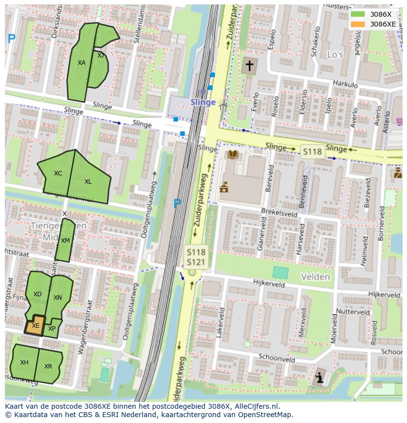 Afbeelding van het postcodegebied 3086 XE op de kaart.