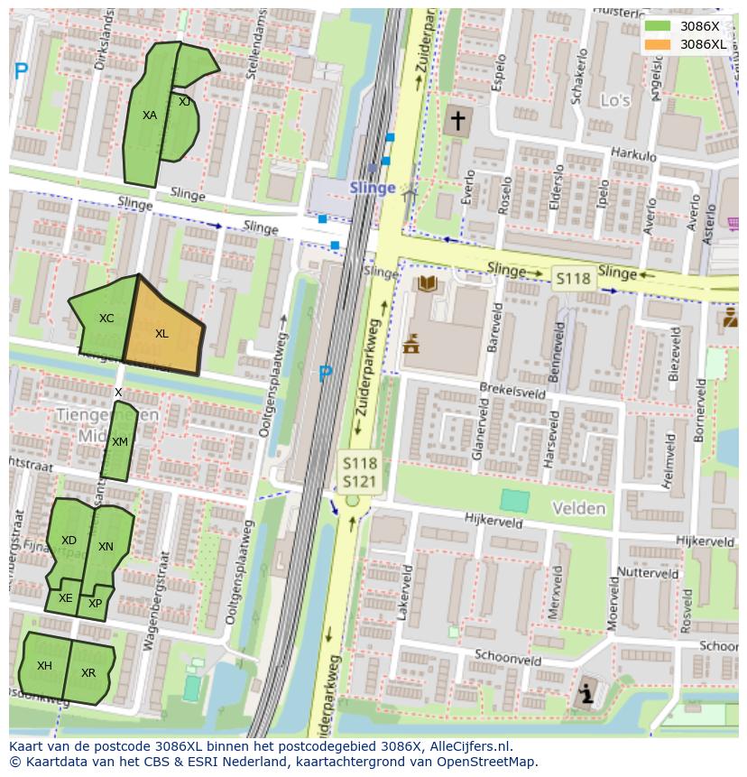 Afbeelding van het postcodegebied 3086 XL op de kaart.