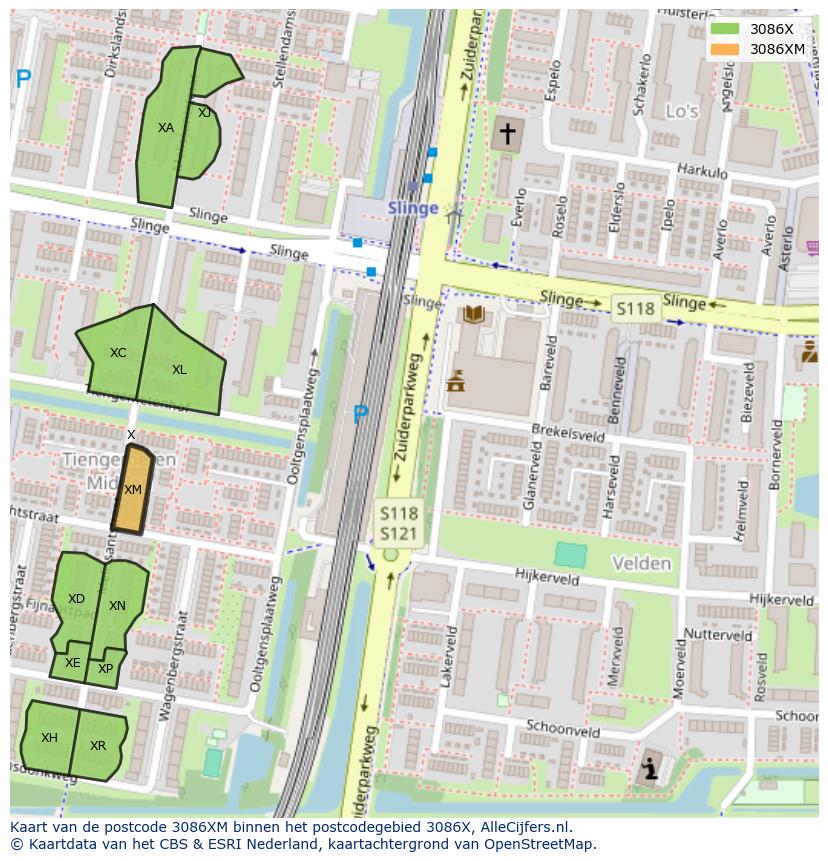 Afbeelding van het postcodegebied 3086 XM op de kaart.