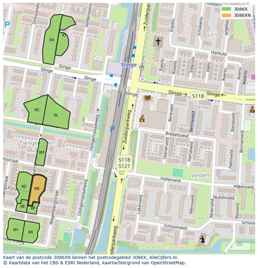 Afbeelding van het postcodegebied 3086 XN op de kaart.