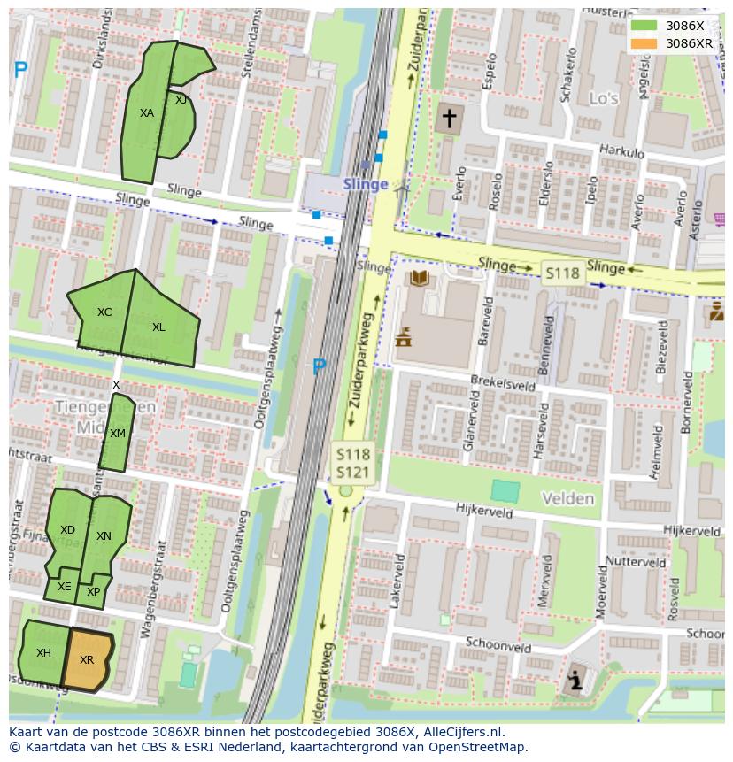 Afbeelding van het postcodegebied 3086 XR op de kaart.