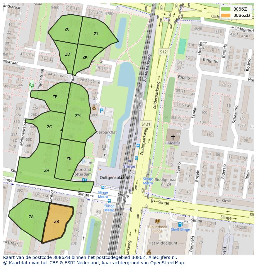 Afbeelding van het postcodegebied 3086 ZB op de kaart.