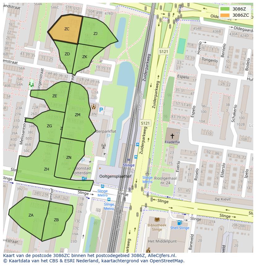 Afbeelding van het postcodegebied 3086 ZC op de kaart.